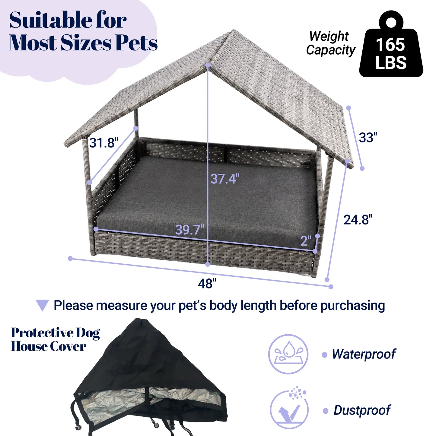 Nonecn Elevated Wicker Dog House With Canopy Cushion