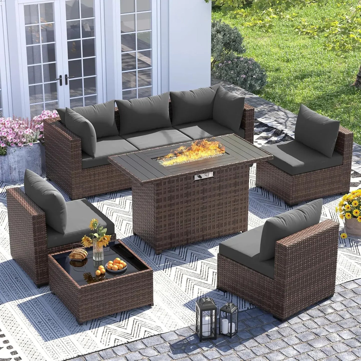 Outdoor Fire Pit Table Furniture Set With All Weather Wicker Sofas