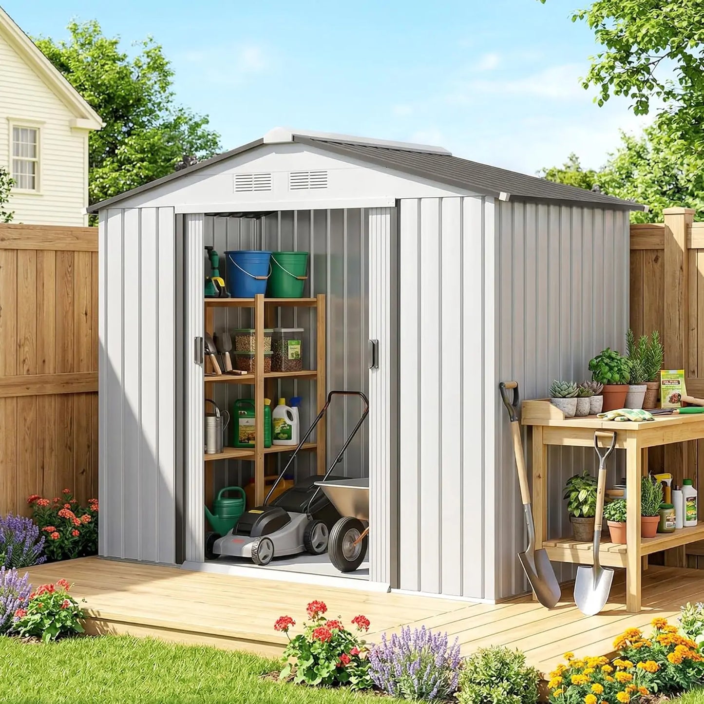XIAOLANG Outdoor Metal Storage Shed With Foundation Kit And Lockable Doors