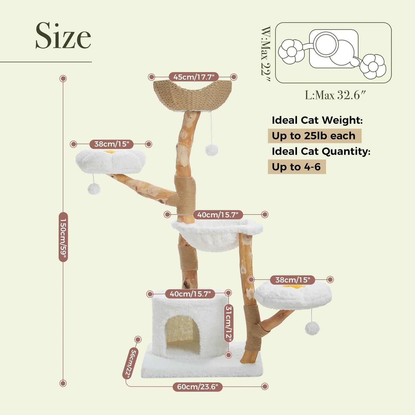 PAWZ Road Cat Tree Tower With Sisal Scratching Post And Wicker Basket