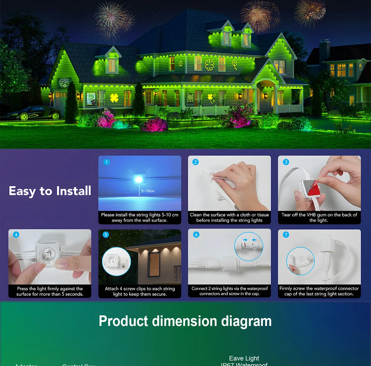MIMIRGB Eaves Lights Outdoor LED String With Bluetooth Control