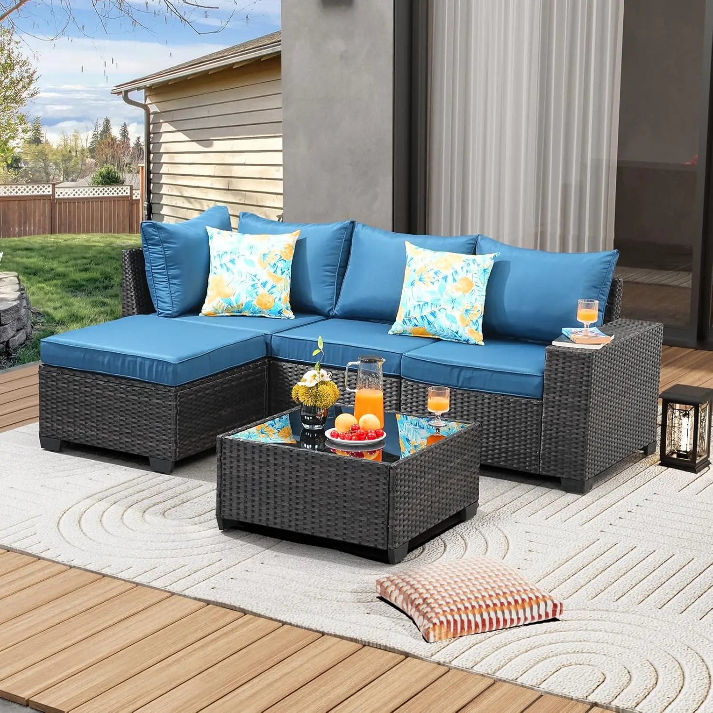 HUANZHUANG 5 Piece Outdoor Patio Furniture Set All Weather Wicker Sofa