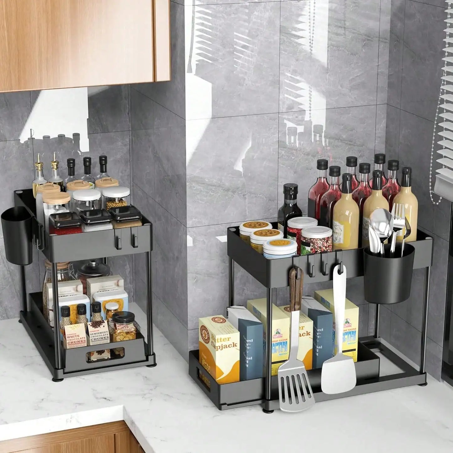 Under Sink Organizer Shelf Set With Pull Out Drawer For Kitchen Bathroom