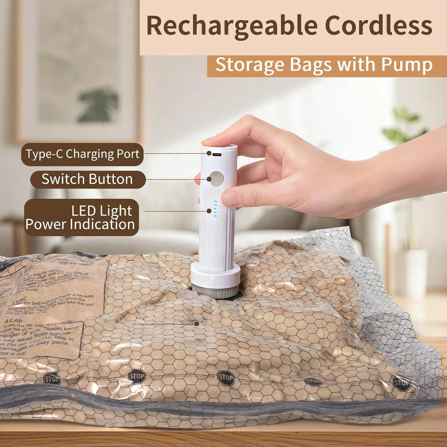 Vacuum Bags For Travel With Rechargeable Cordless Pump For Luggage