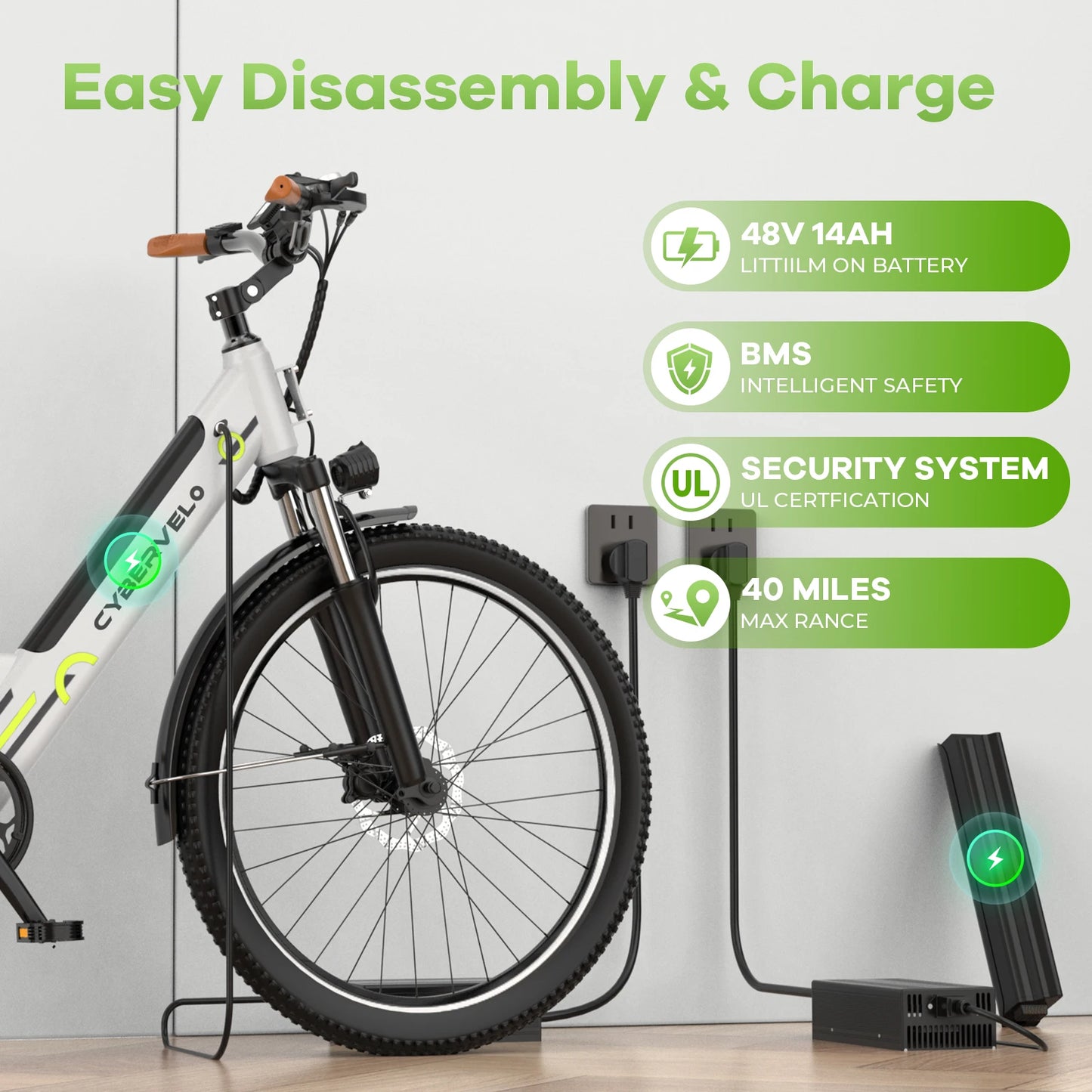 CYBERVELO EK2 1000W Electric Bike for Adults with Removable Battery