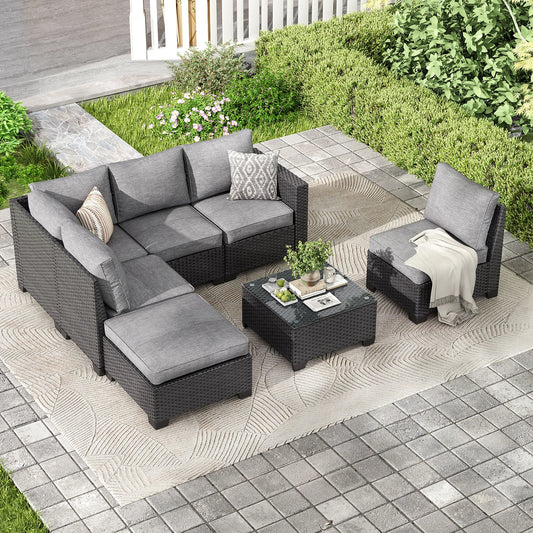 Patio Sectional Sofa Set With Ottoman Outdoor Water Oil Stain Resistant Fabric