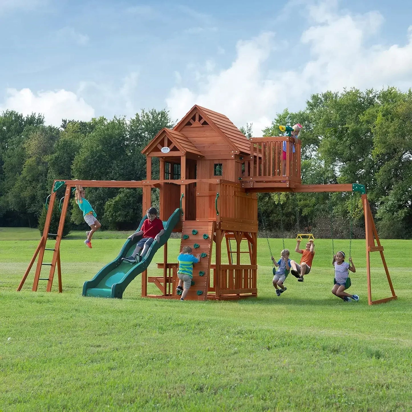 Cedar Wood Swing Set With Wave Slide And Raised Clubhouse