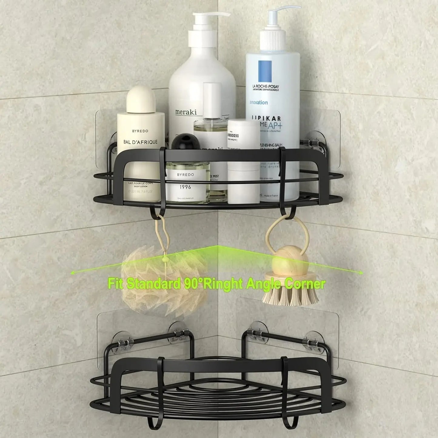 Adhesive Corner Shower Shelf With 4 Hooks Rustproof Stainless Steel