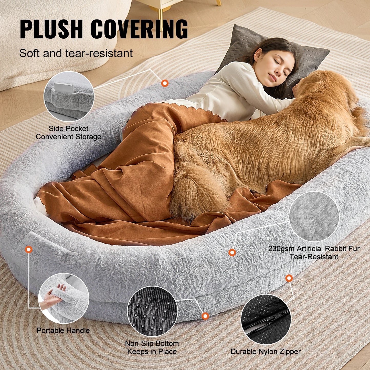 SucceBuy Human Dog Bed With Orthopedic Egg Foam And Washable Faux Fur Cover