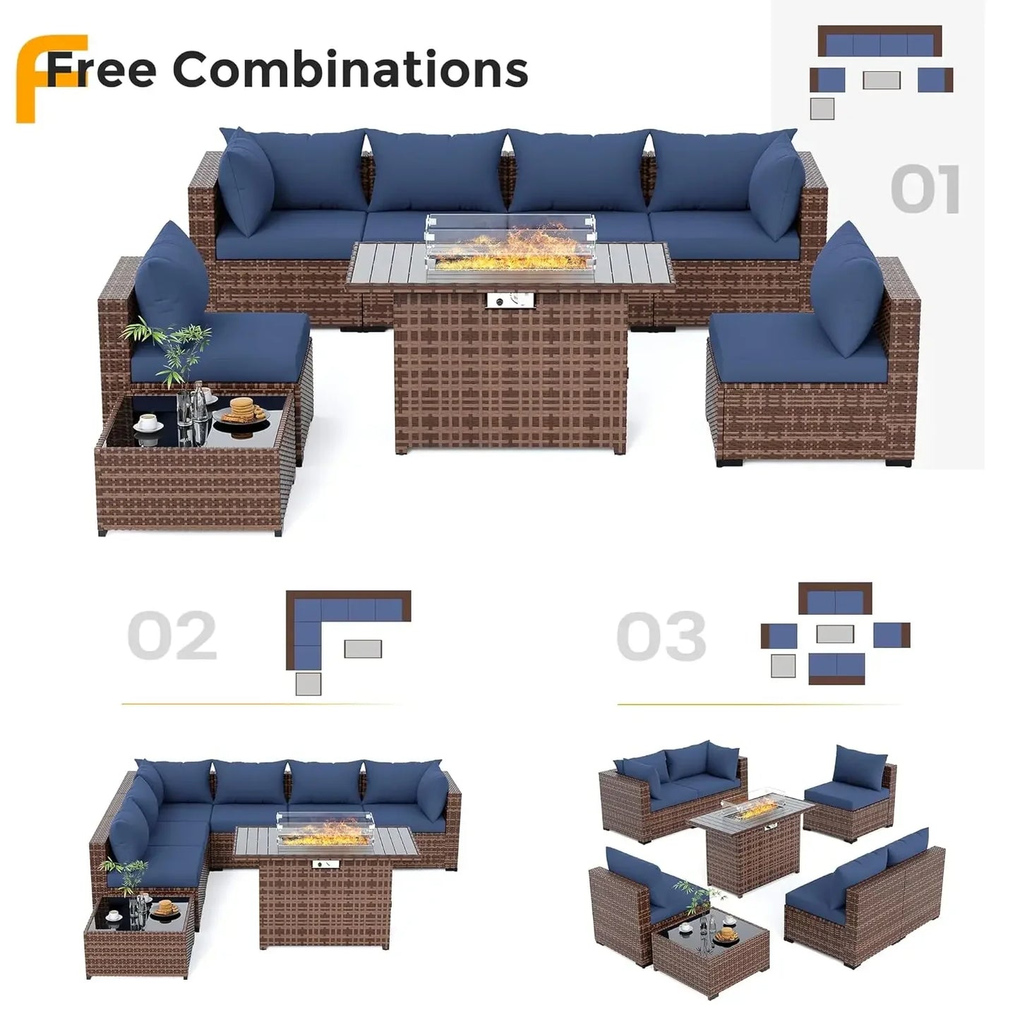 Outdoor Fire Pit Table Furniture Set With All Weather Wicker Sofas