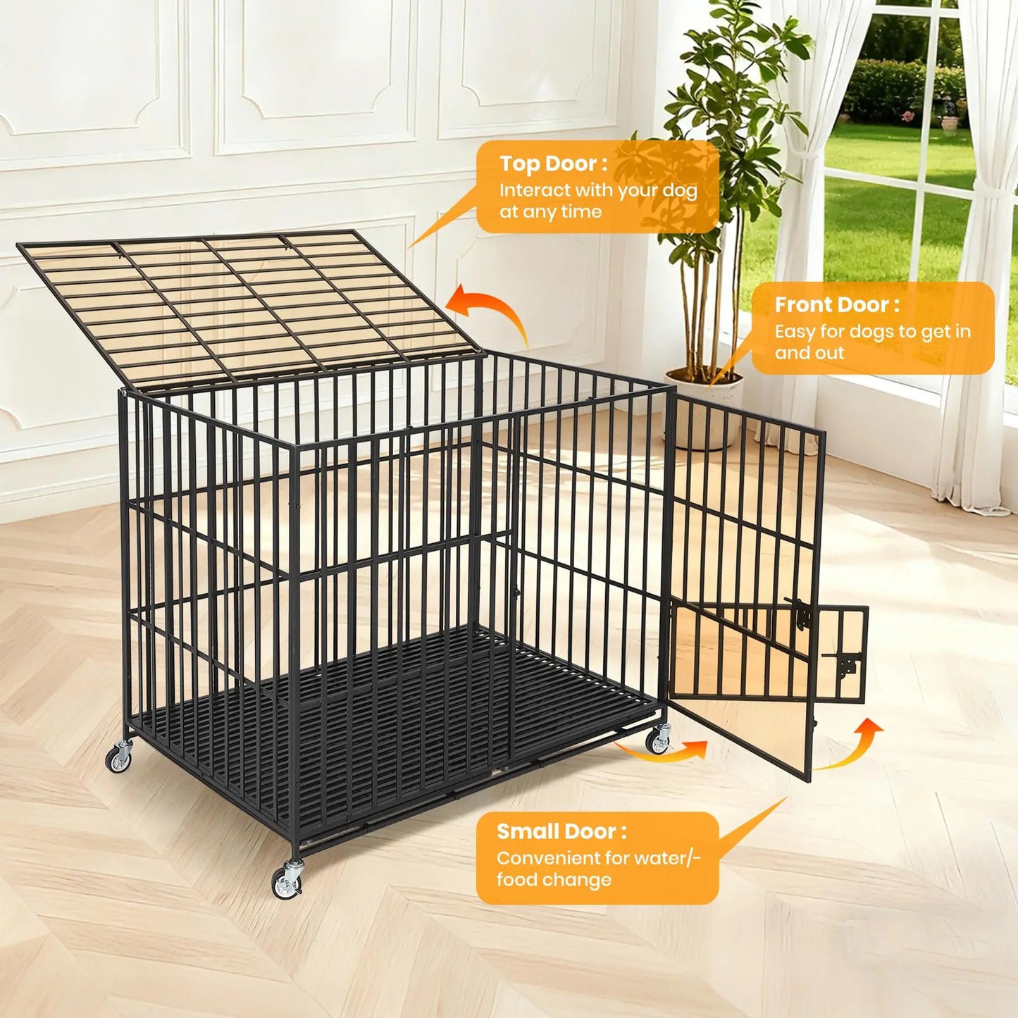 HiMISS Heavy Duty Escape Proof Metal Dog Crate With Three Doors Removable Tray