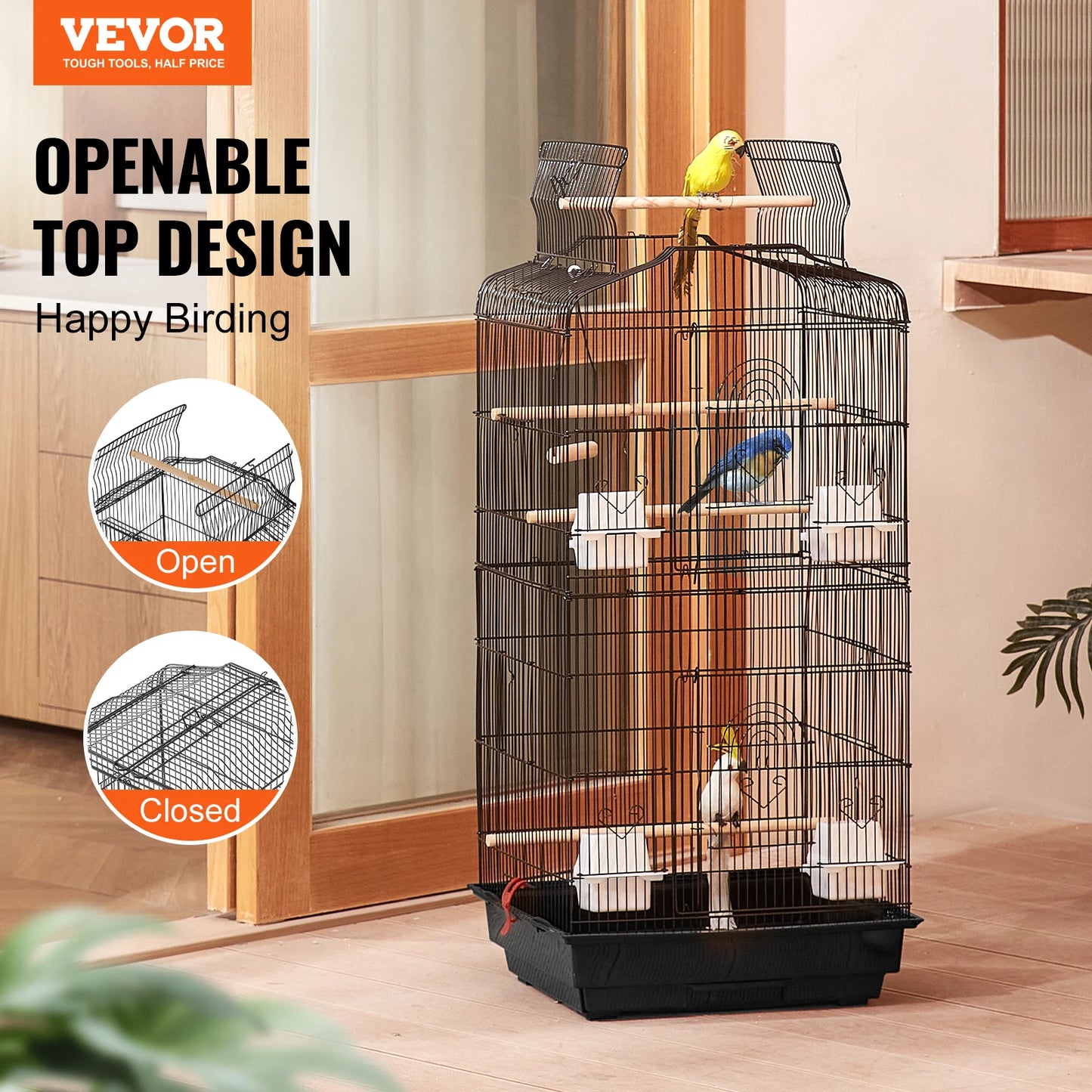 Open Top Large Parrot Cage Hanging Birdcage With Swing And Perch