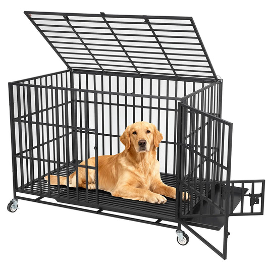 HiMISS Heavy Duty Escape Proof Metal Dog Crate With Three Doors Removable Tray