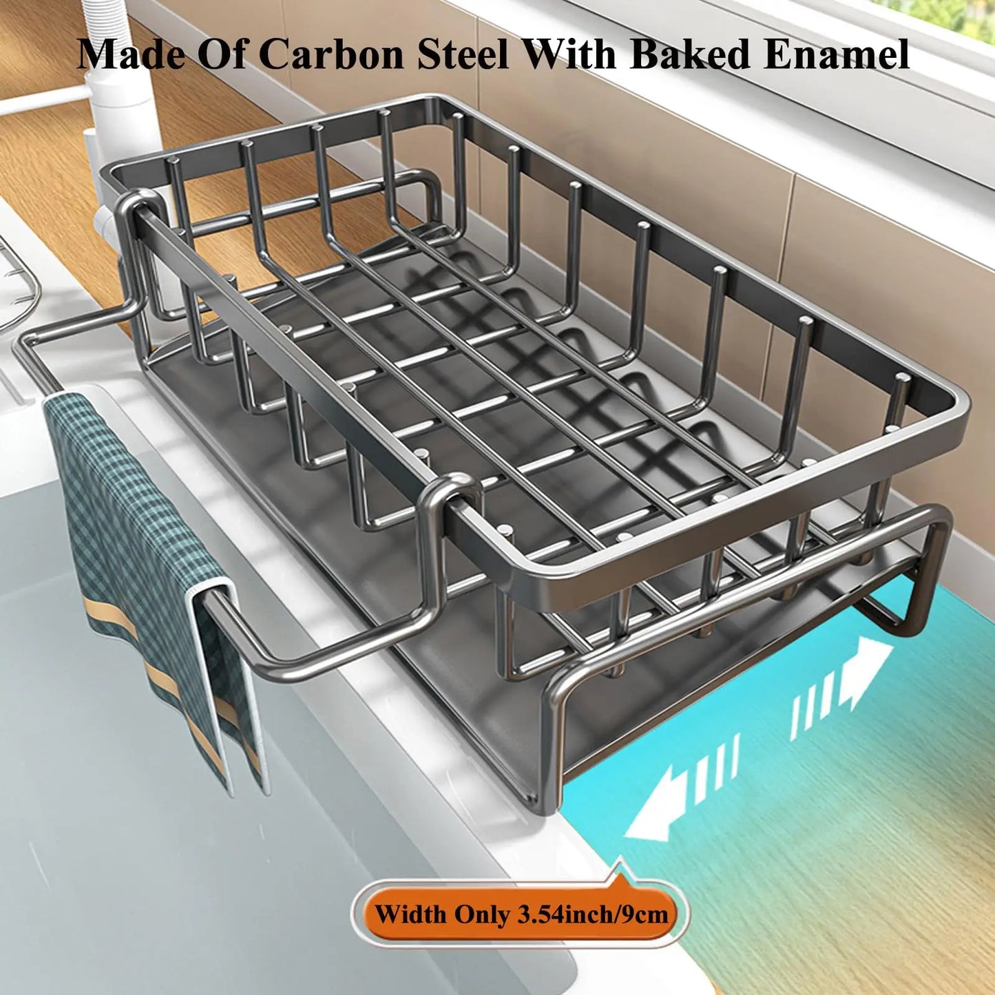 Carbon Steel Kitchen Sink Organizer With Sponge Holder And Dispenser