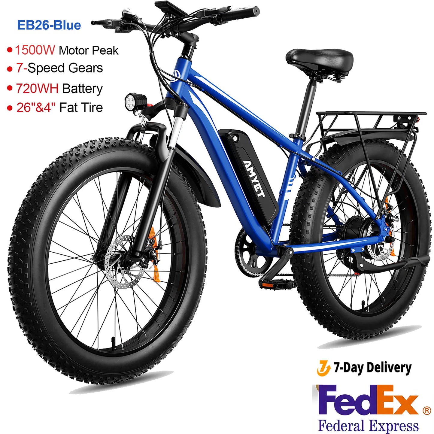AMYET EB26 Electric Bike 1500W 28 MPH Fat Tire Mountain Ebike