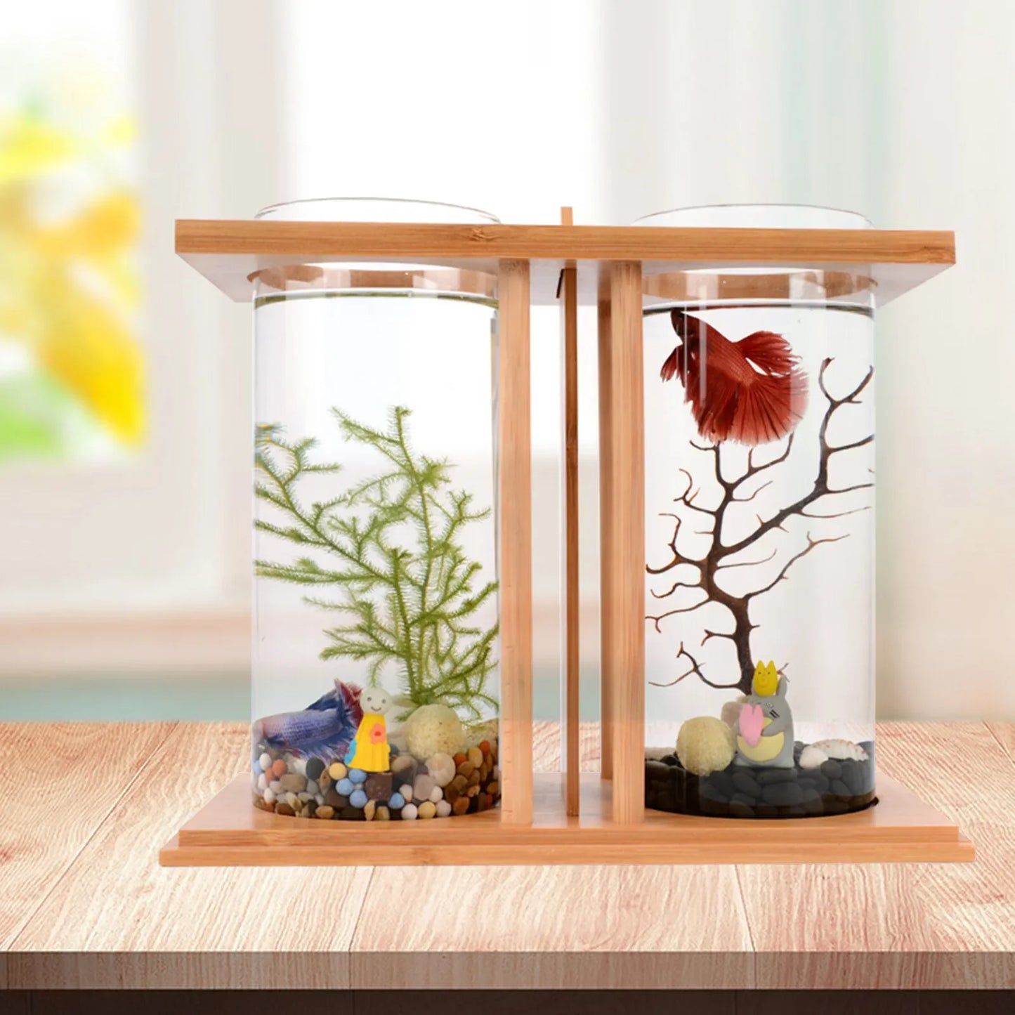Eco Bamboo Wood Glass Mini Fish Tank Dual Desktop Aquarium