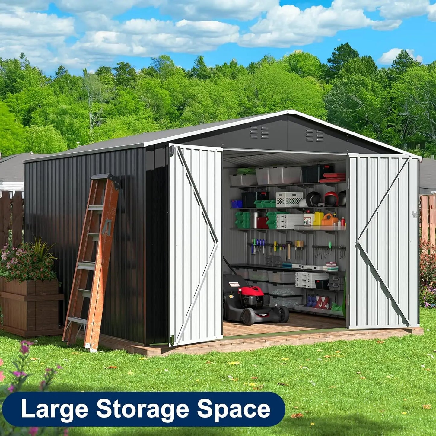 Metal Garden Storage Shed With Lockable Doors And Upgraded Frame