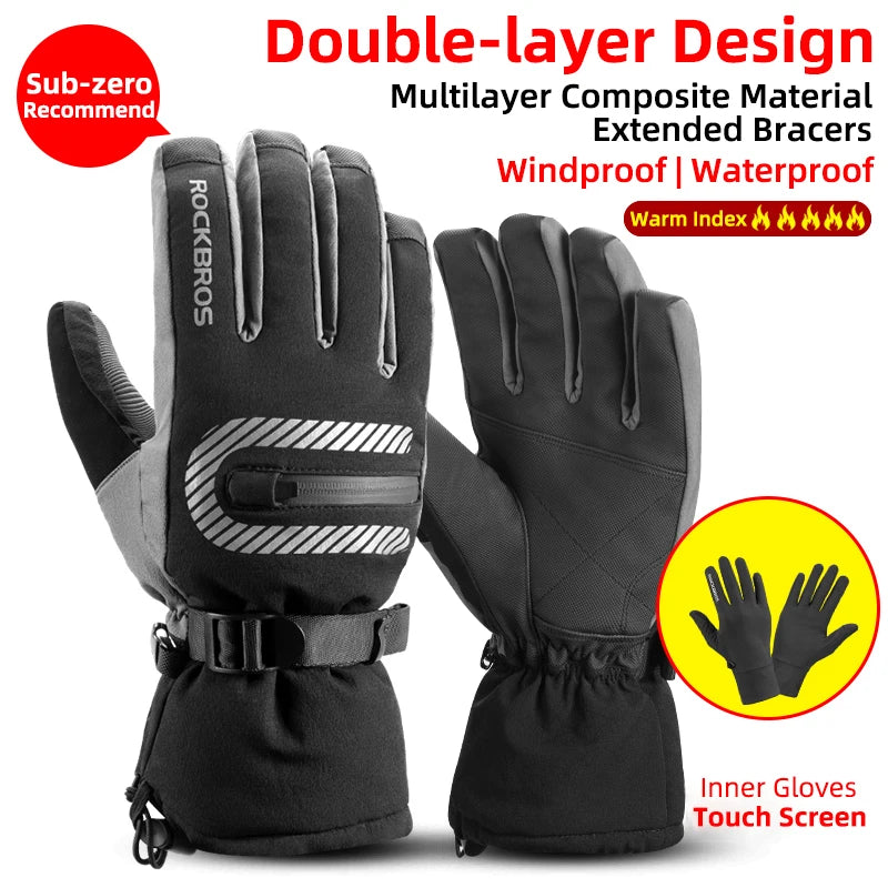 ROCKBROS Winter Waterproof Thermal Fleece Gloves For Ski Snowboarding