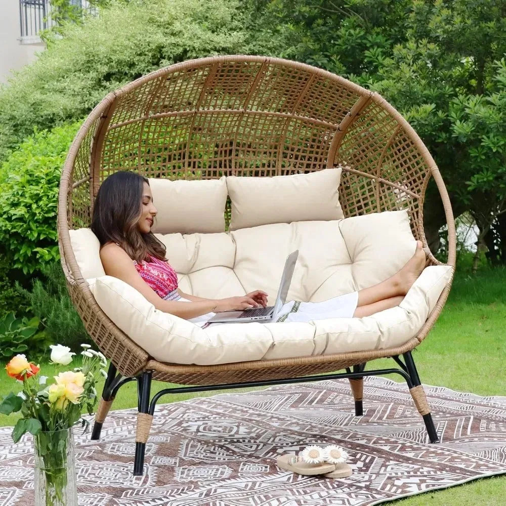 Double Egg Outdoor Lounge Chair For Two With Padded Cushions