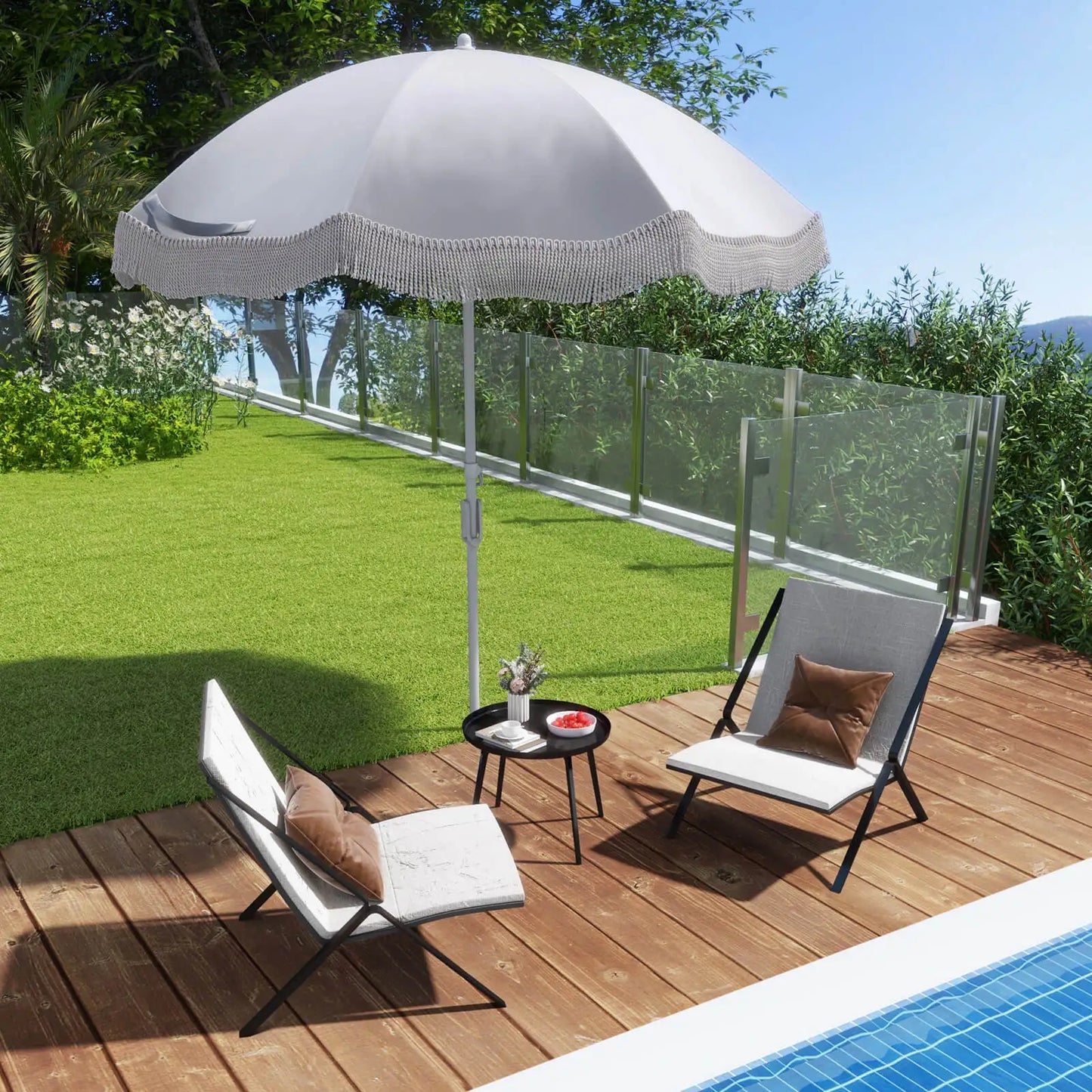 HOMASIS Fringe Patio Umbrella With Bag Push Button Tilt Garden