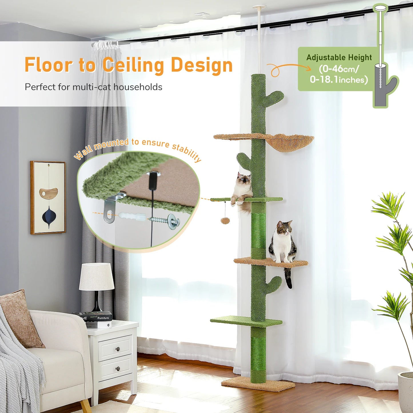 PAWZ Road Cat Tree 5 Tier Floor To Ceiling Climbing Tower With Scratching Post