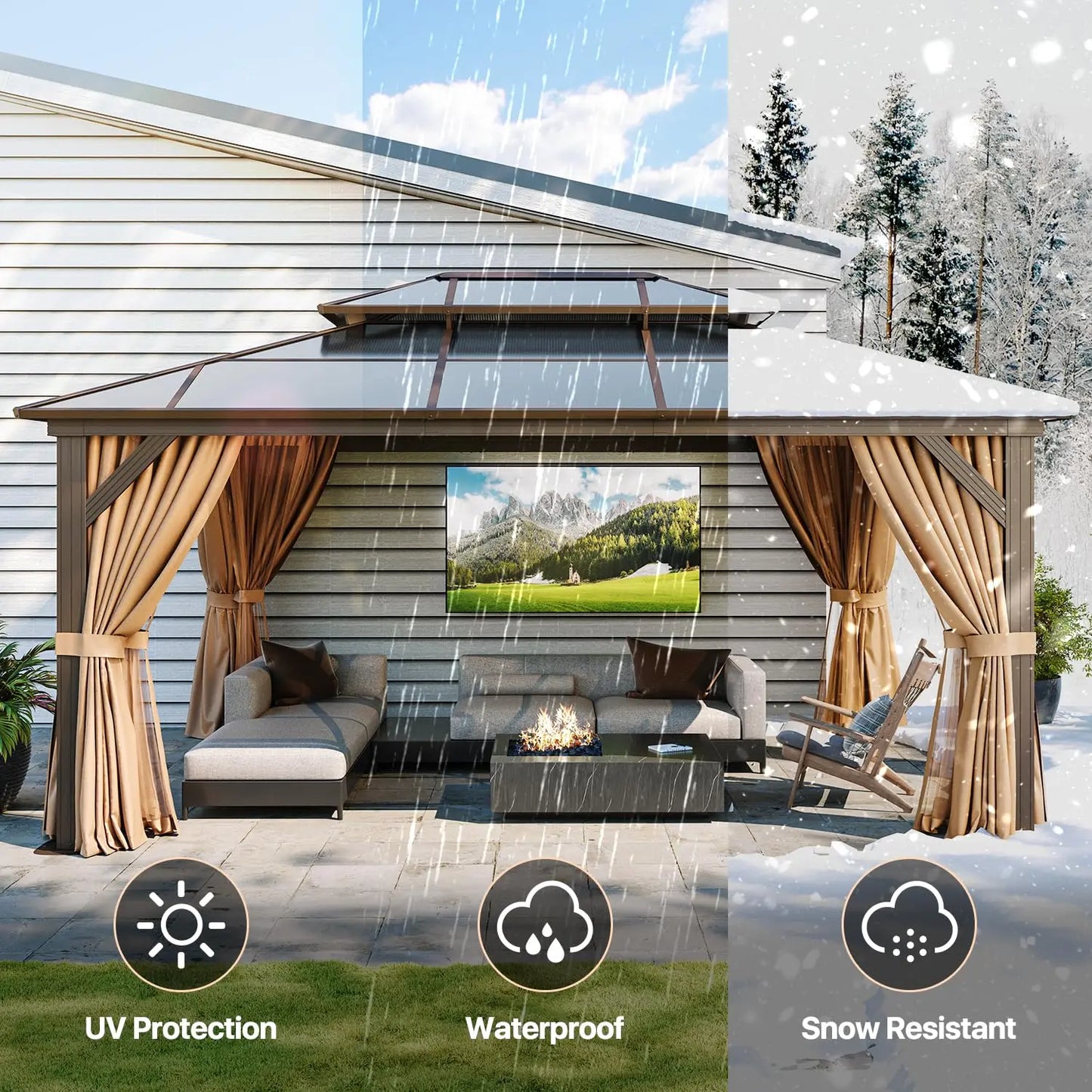 Hardtop Gazebo With Aluminum Frame Polycarbonate Double Roof Canopy Curtains