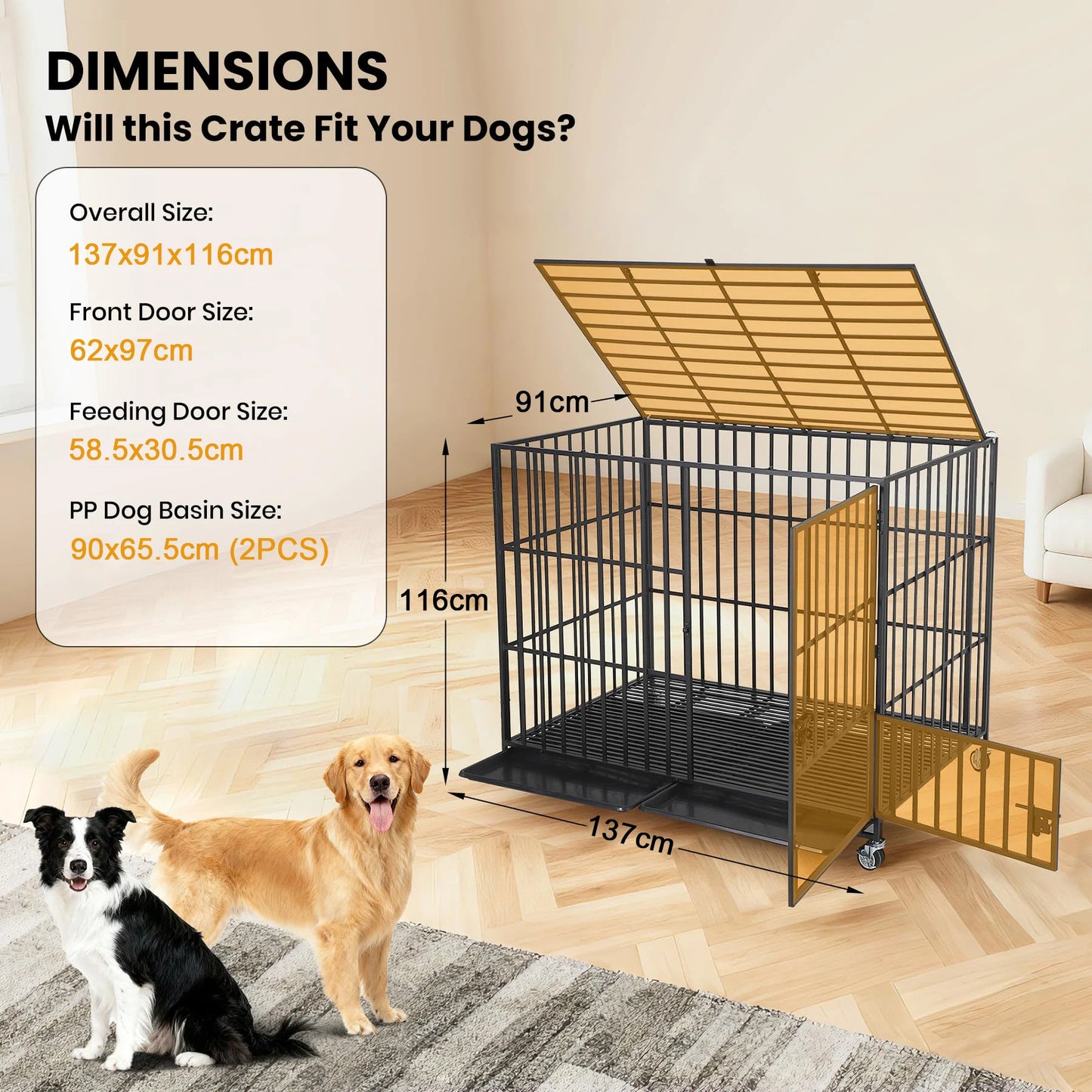 HiMISS Heavy Duty Escape Proof Metal Dog Crate With Three Doors Removable Tray