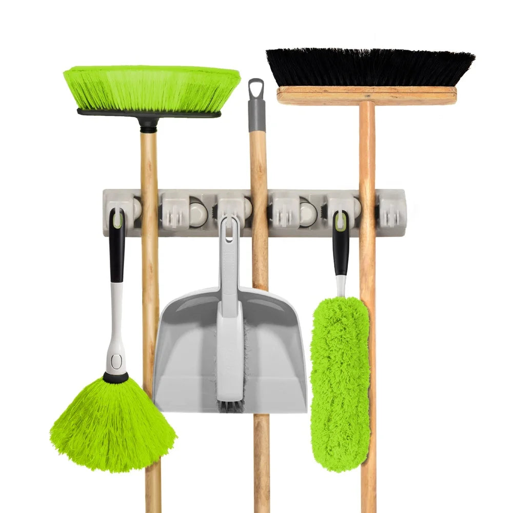 Multipurpose Tool Organizer Wall Mount With 5 Broom Holders And 6 Hooks