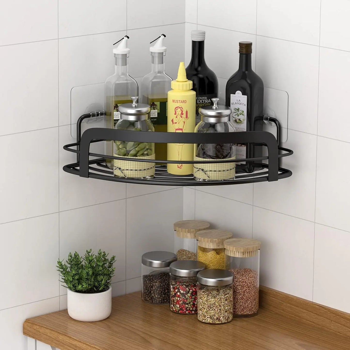 Adhesive Corner Shower Shelf With 4 Hooks Rustproof Stainless Steel