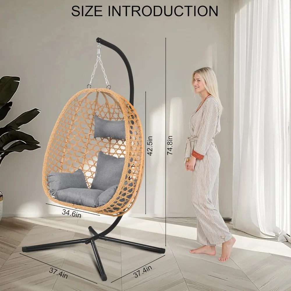 Rattan Hanging Egg Chair With Stand for Patio Outdoor Comfort