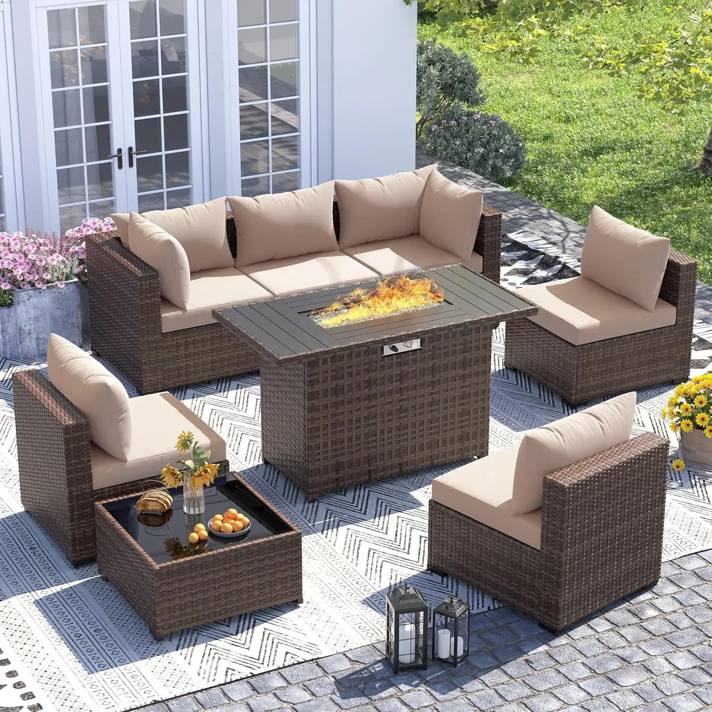 Outdoor Fire Pit Table Furniture Set With All Weather Wicker Sofas