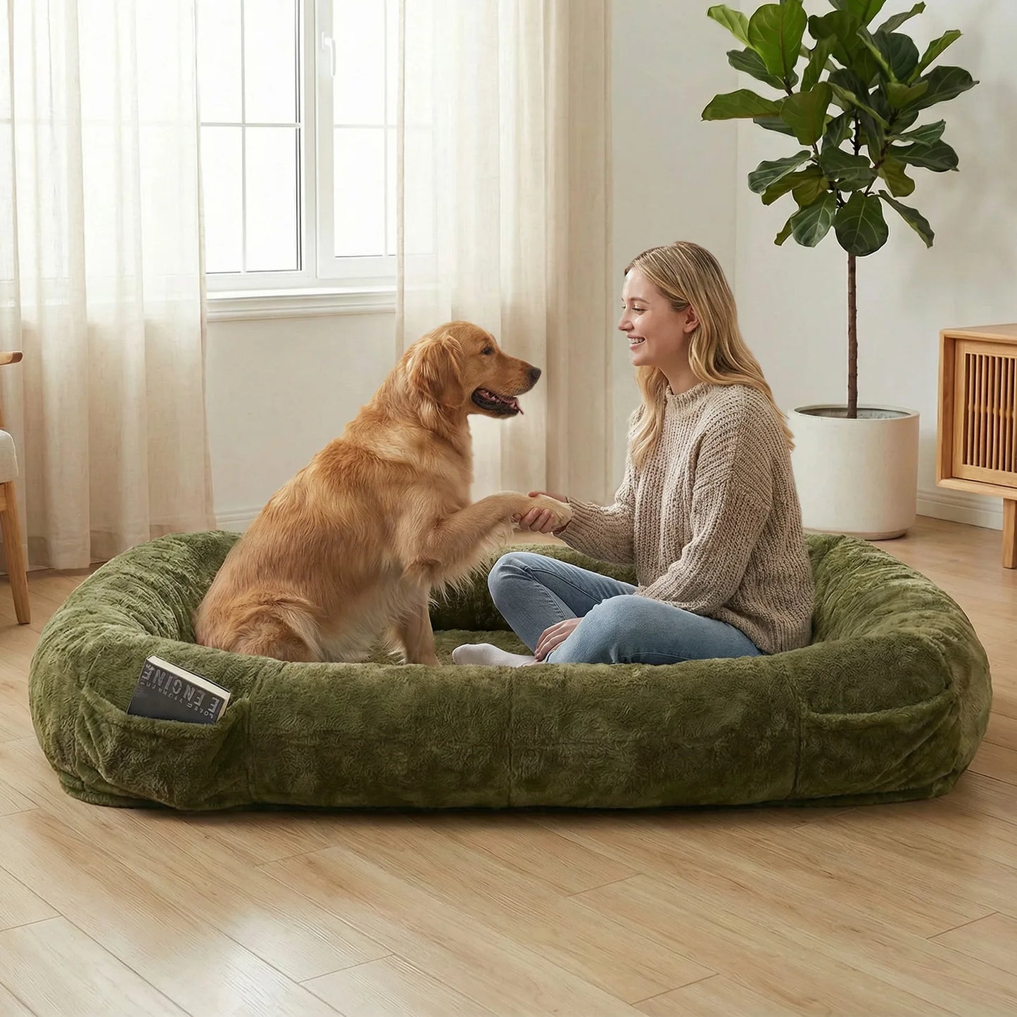 NONECN Human Sized Dog Bed With Washable Faux Fur Comfort