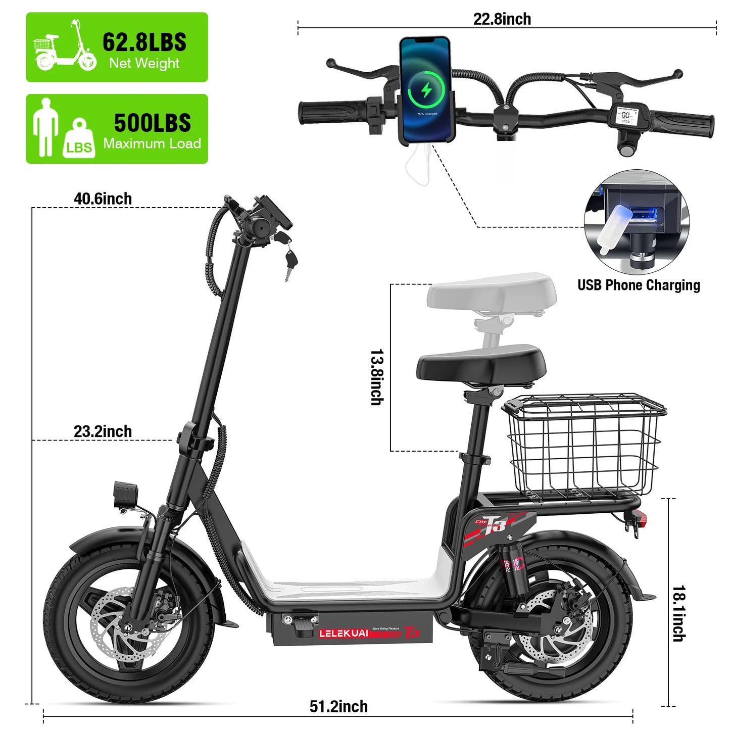 LELEKUAI Adult Electric Bike 500W 48V Foldable With Basket