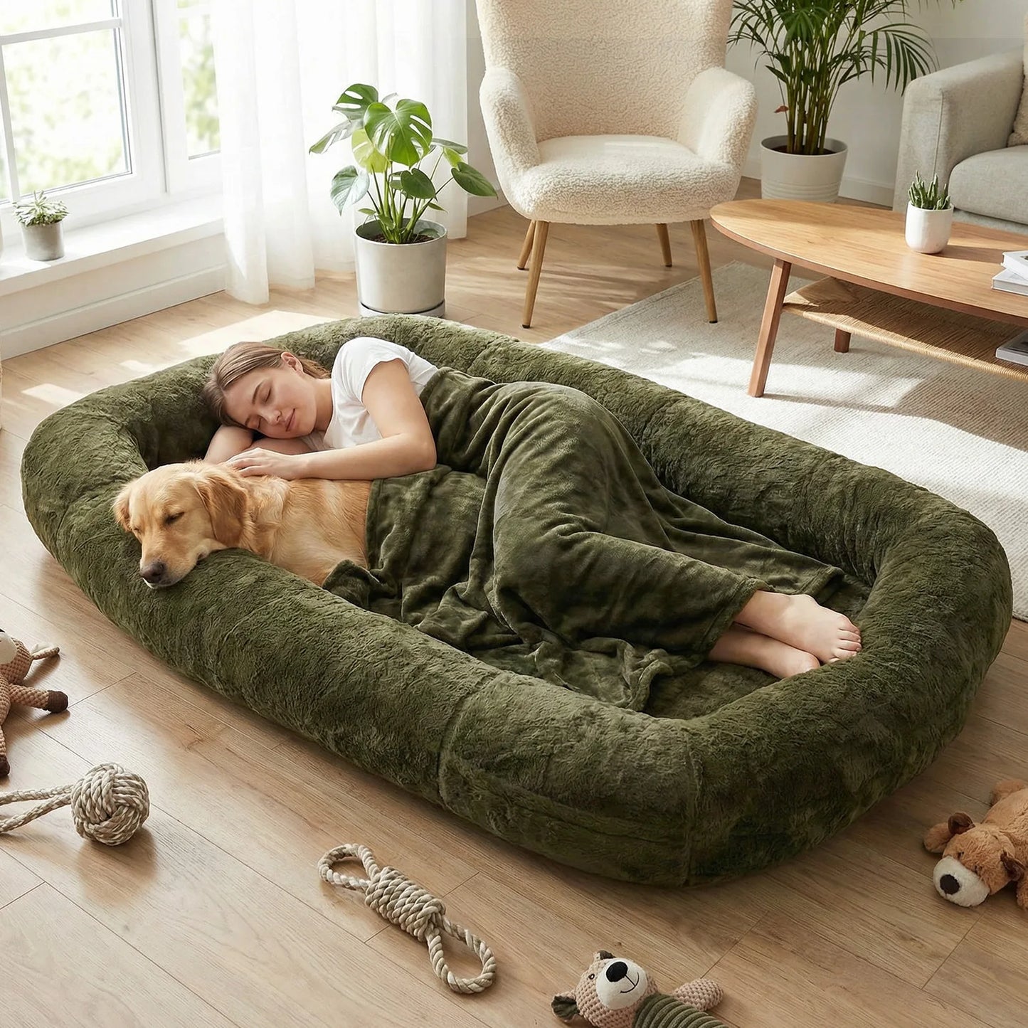 NONECN Human Sized Dog Bed With Washable Faux Fur Comfort