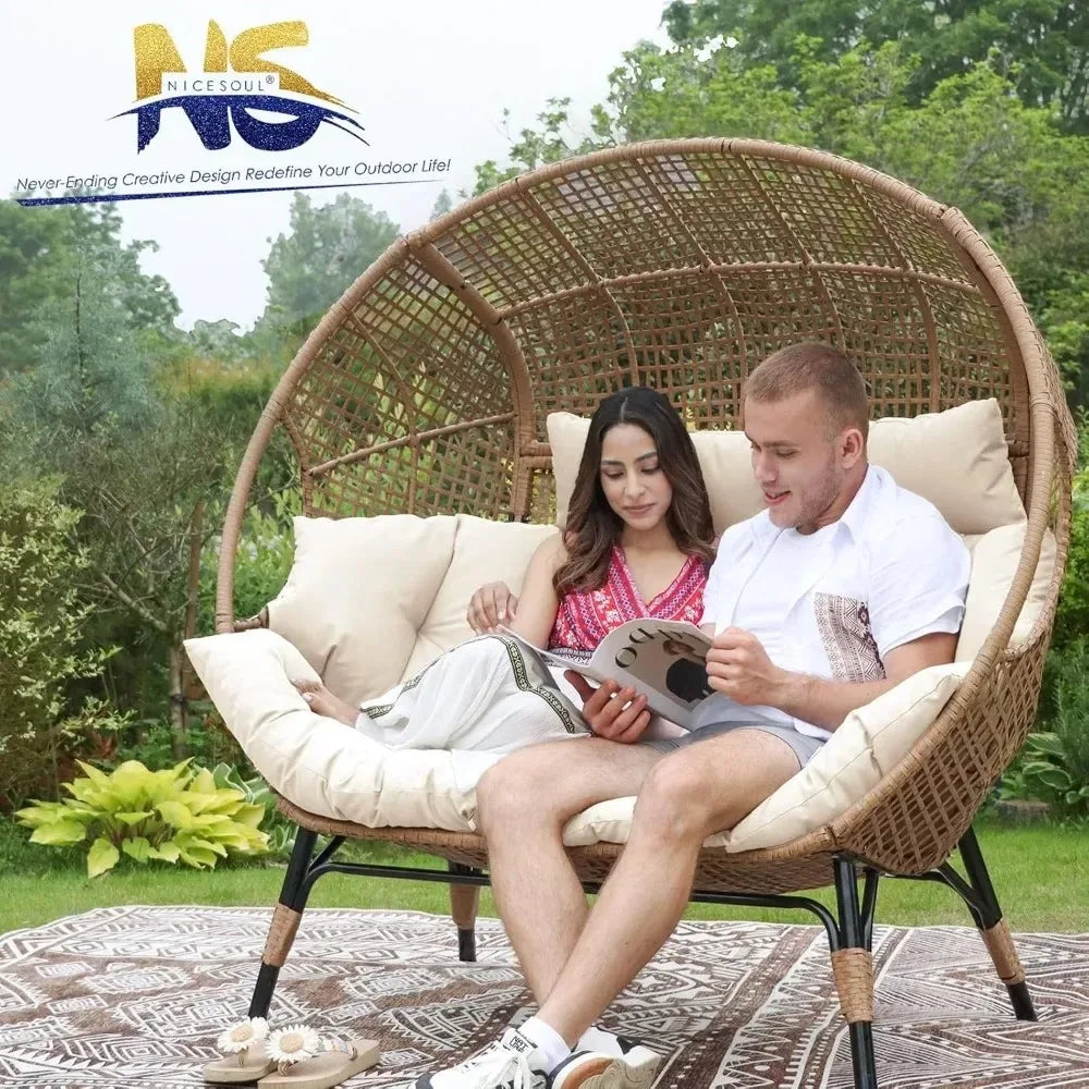 Double Egg Outdoor Lounge Chair For Two With Padded Cushions