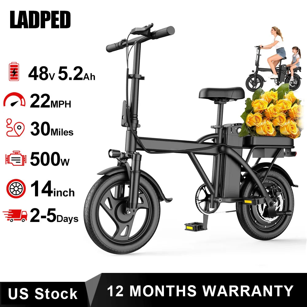 Ladped Foldable Electric Bike 500W 48V Battery Two Seat For Adults