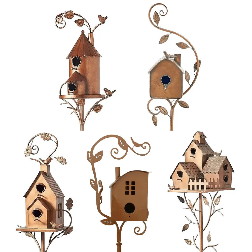 Metal Birdhouse Garden Stakes With Pole For Outdoor Yard Decor
