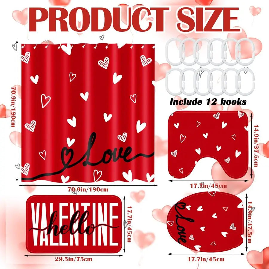 Valentines Day Shower Curtain Set With Bath Mat And Hooks