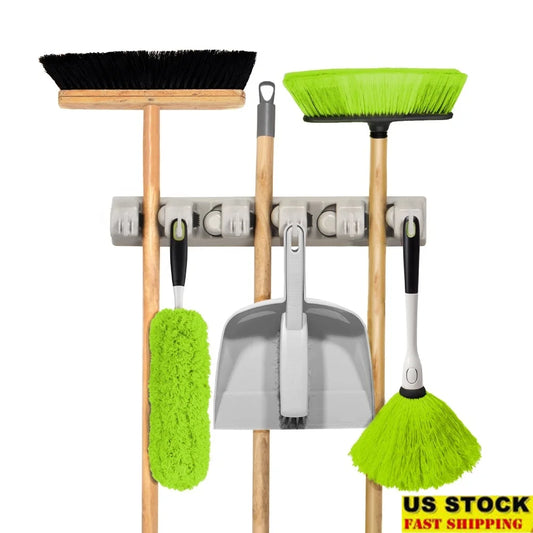 Multipurpose Tool Organizer Wall Mount With 5 Broom Holders And 6 Hooks
