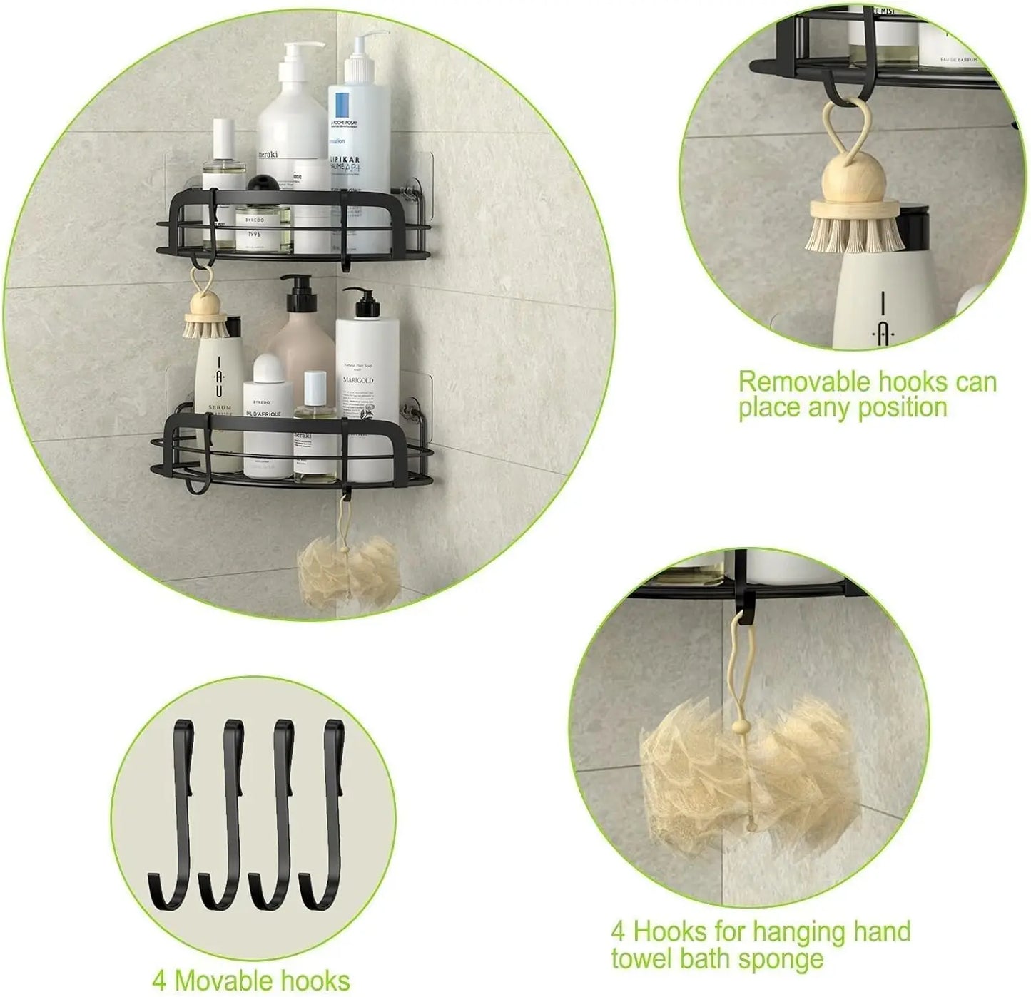 Adhesive Corner Shower Shelf With 4 Hooks Rustproof Stainless Steel