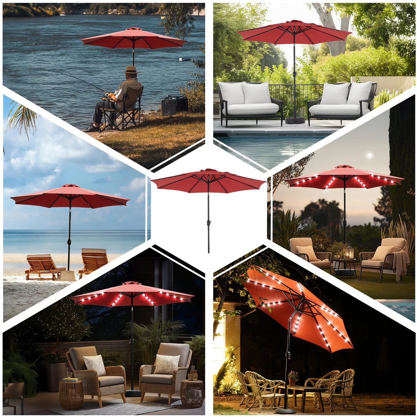 JHK Solar Patio Umbrella With 32 LED Lights Tilt UVResistant