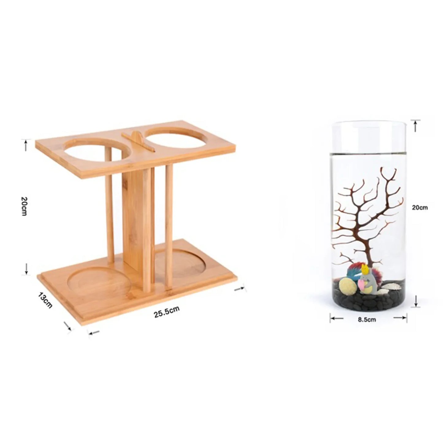 Eco Bamboo Wood Glass Mini Fish Tank Dual Desktop Aquarium