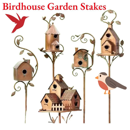 Metal Birdhouse Garden Stakes With Pole For Outdoor Yard Decor