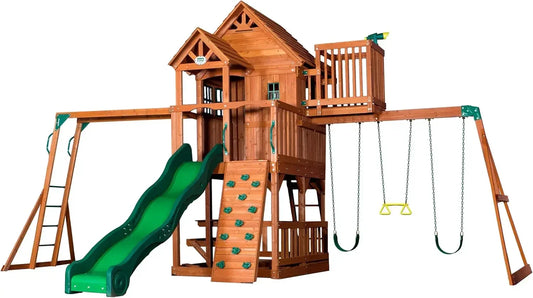 Cedar Wood Swing Set With Wave Slide And Raised Clubhouse