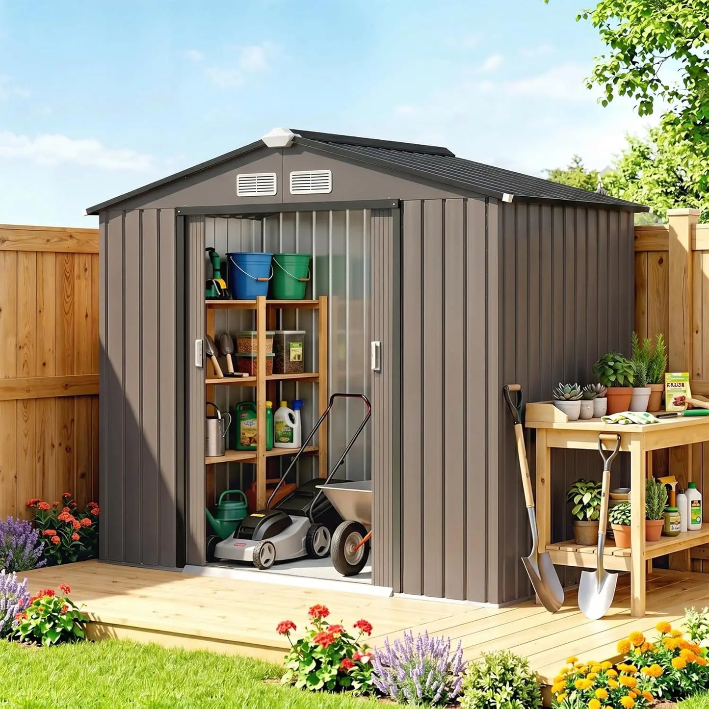 XIAOLANG Outdoor Metal Storage Shed With Foundation Kit And Lockable Doors