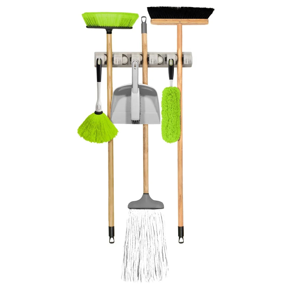 Multipurpose Tool Organizer Wall Mount With 5 Broom Holders And 6 Hooks