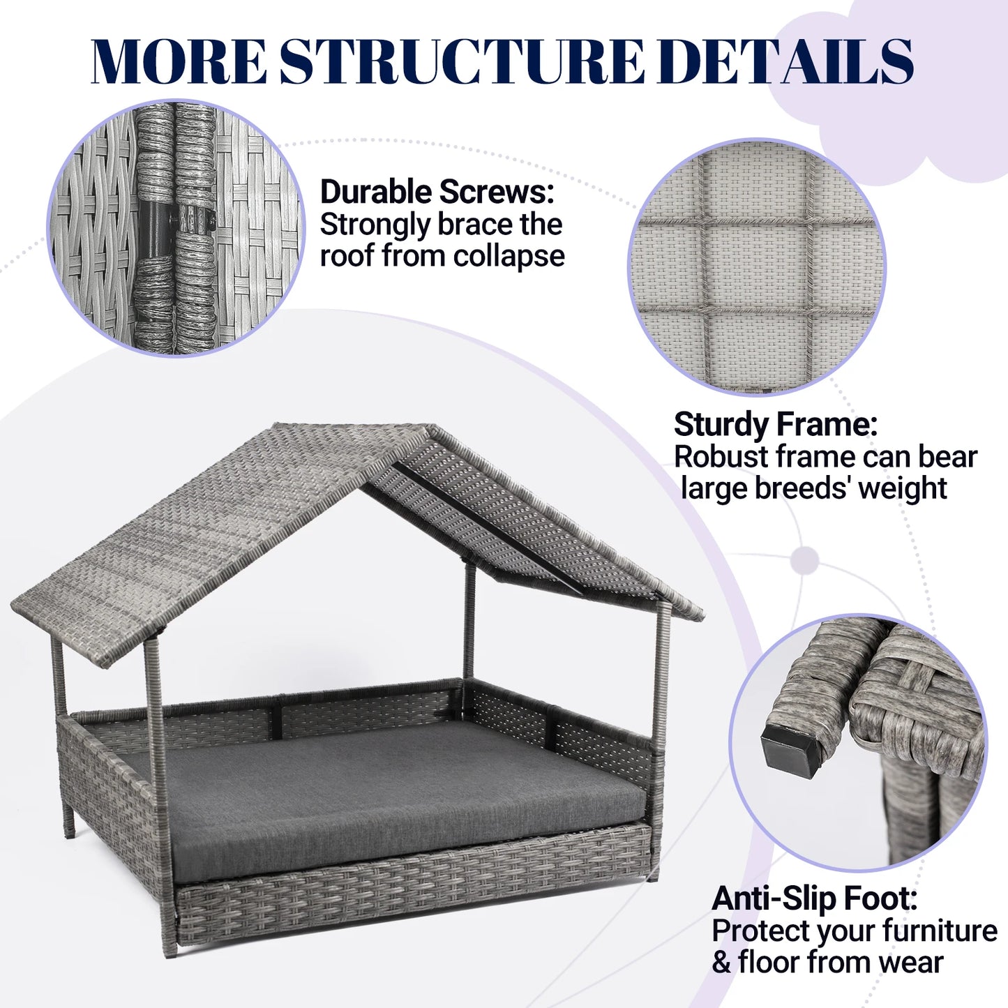 Nonecn Elevated Wicker Dog House With Canopy Cushion