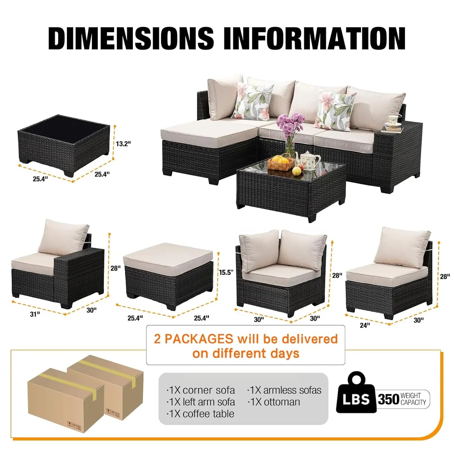 HUANZHUANG 5 Piece Outdoor Patio Furniture Set All Weather Wicker Sofa