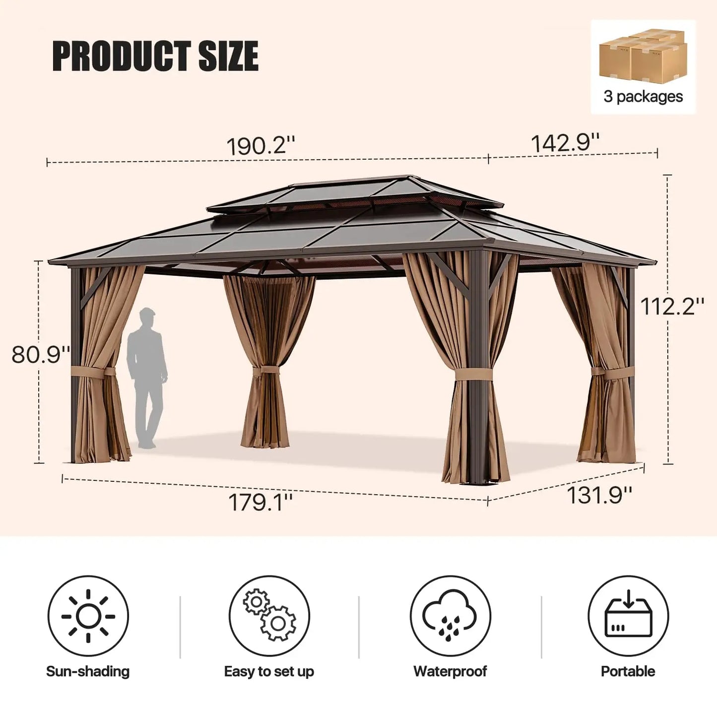Hardtop Gazebo With Aluminum Frame Polycarbonate Double Roof Canopy Curtains
