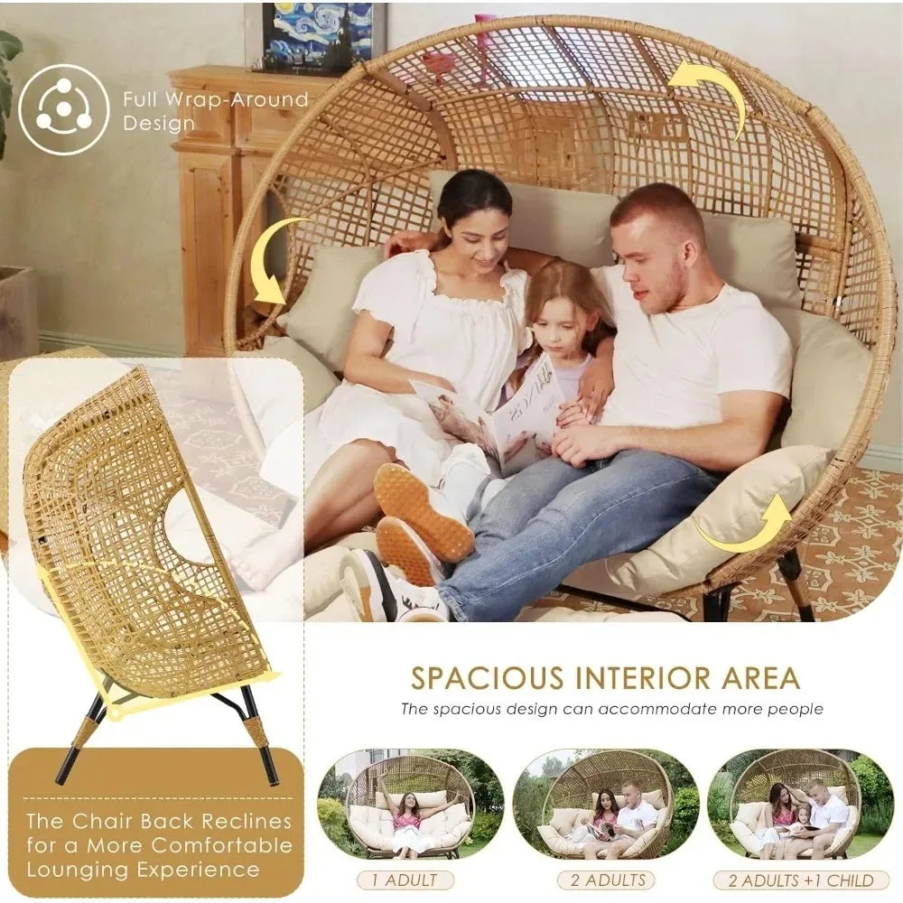 Double Egg Outdoor Lounge Chair For Two With Padded Cushions